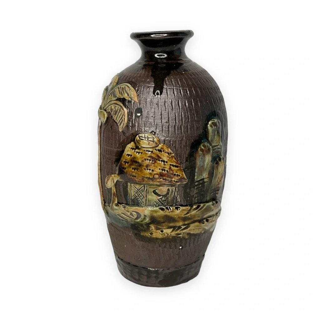 Asian Japanese Ceramic Art Pottery Vase Hut House Tree Decoration Brown Tan Pair